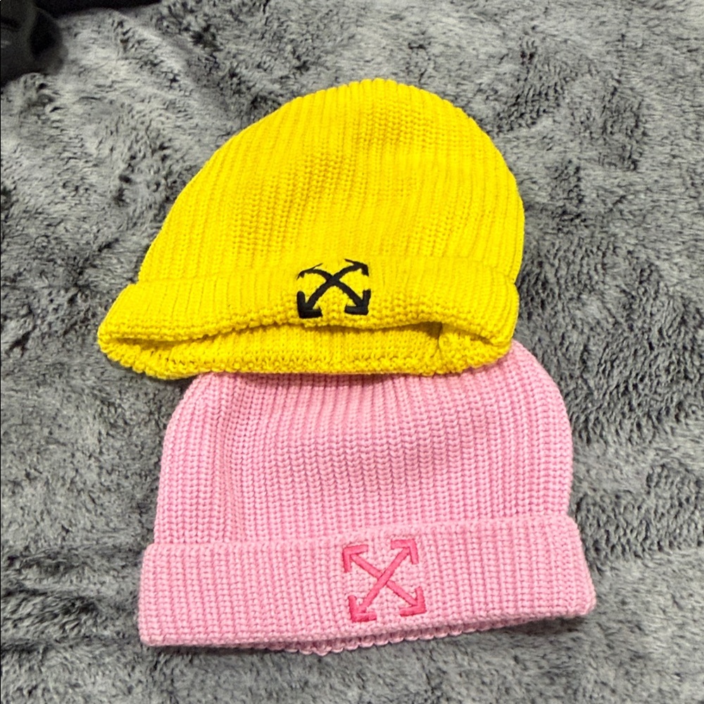 Off-White Yellow and Pink Kids Beanie Set